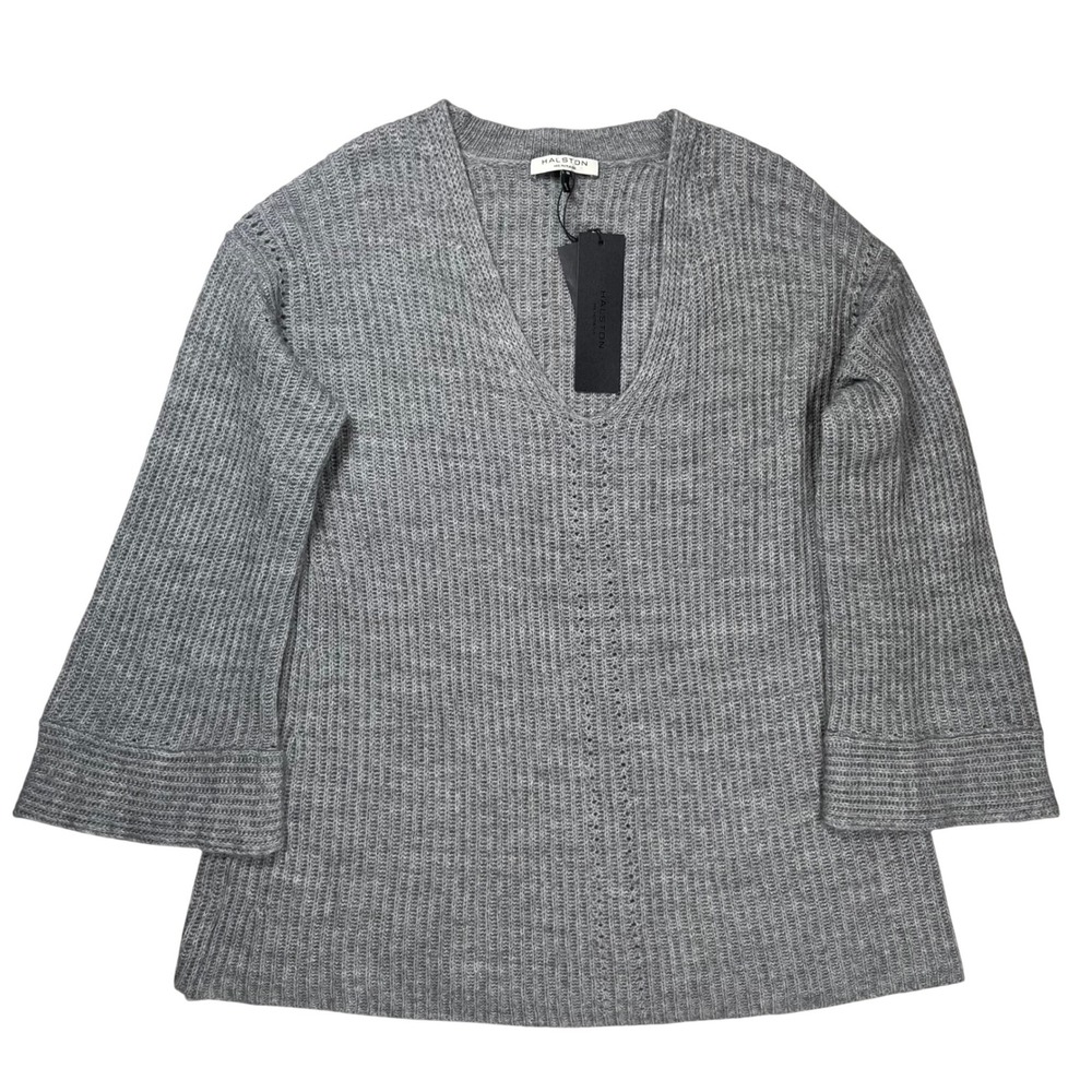 New Halston Heritage Sweater Women Medium Gray Wool Alpaca V-Neck Quiet Luxury
